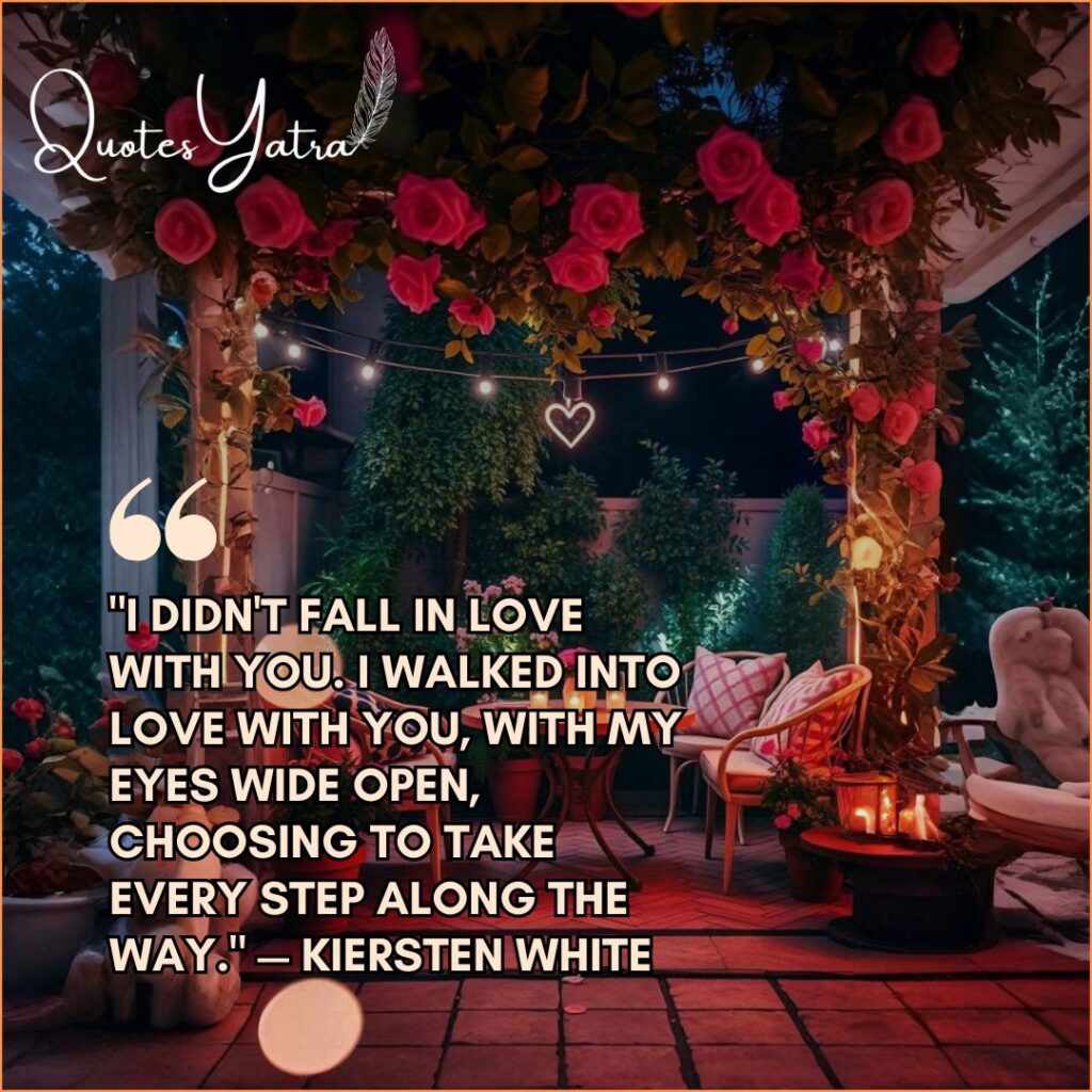 Romantic Valentine's Day 2026 Quotes for Her set in a cozy garden patio with rose-covered arches and string lights.