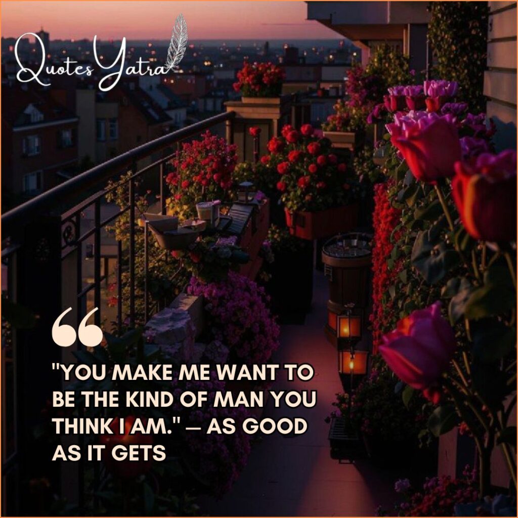 Valentine's Day 2026 Quotes for Him featuring a balcony view at sunset with city lights and blooming flowers.