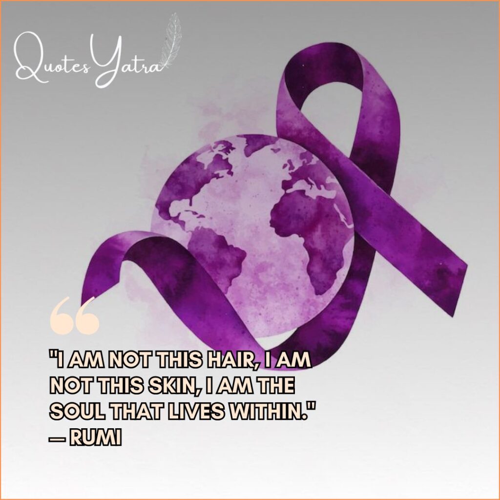 World Cancer Day survivor quote image with lavender ribbon and message of survival