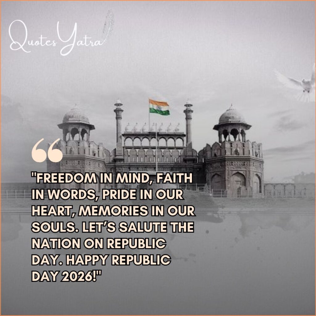 Red Fort Delhi with Indian Flag flying high and Republic Day 2026 wishes text overlay.
