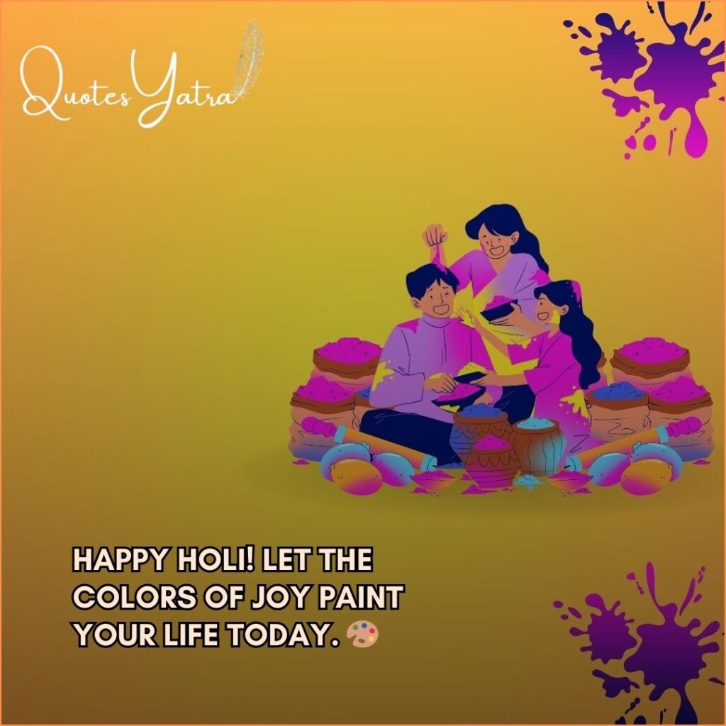 Happy Holi 2026 short wishes image with colorful family celebration illustration