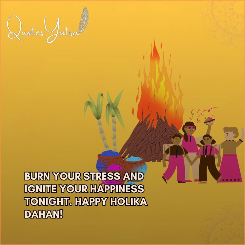 Holika Dahan bonfire illustration with people celebrating Choti Holi and the message “Burn your stress and ignite your happiness tonight”