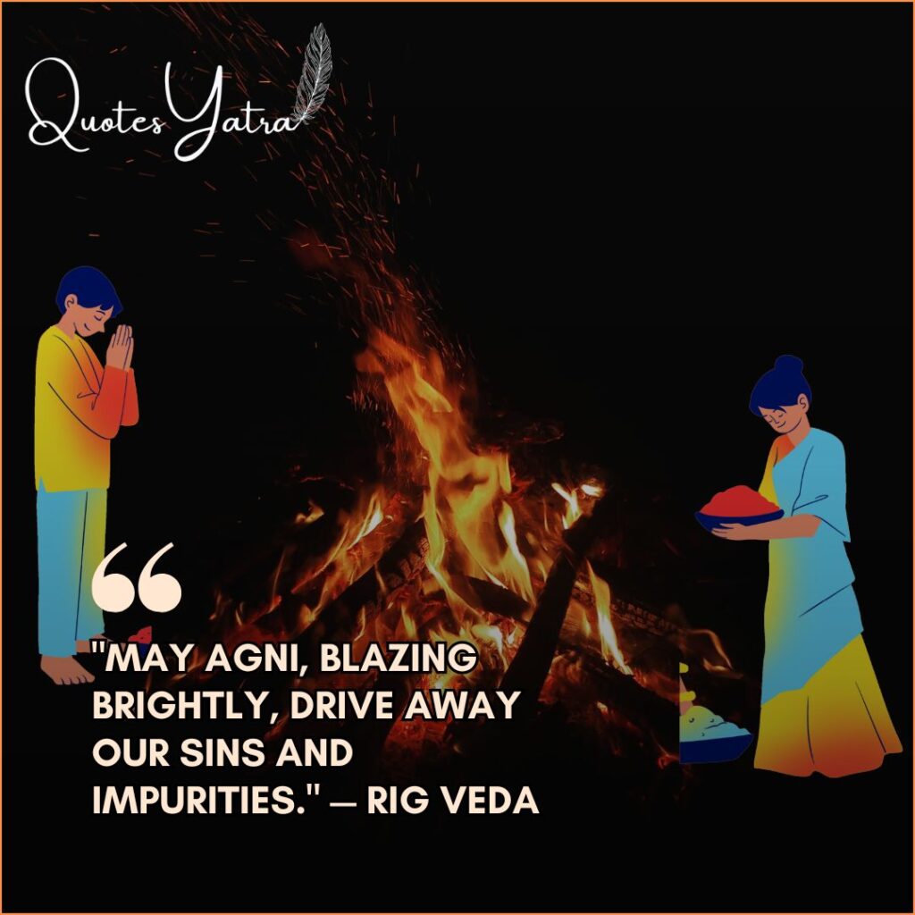 Digital art of a devotee praying and a woman holding Holi colors next to a blazing fire with an authentic Rig Veda quote about driving away impurities