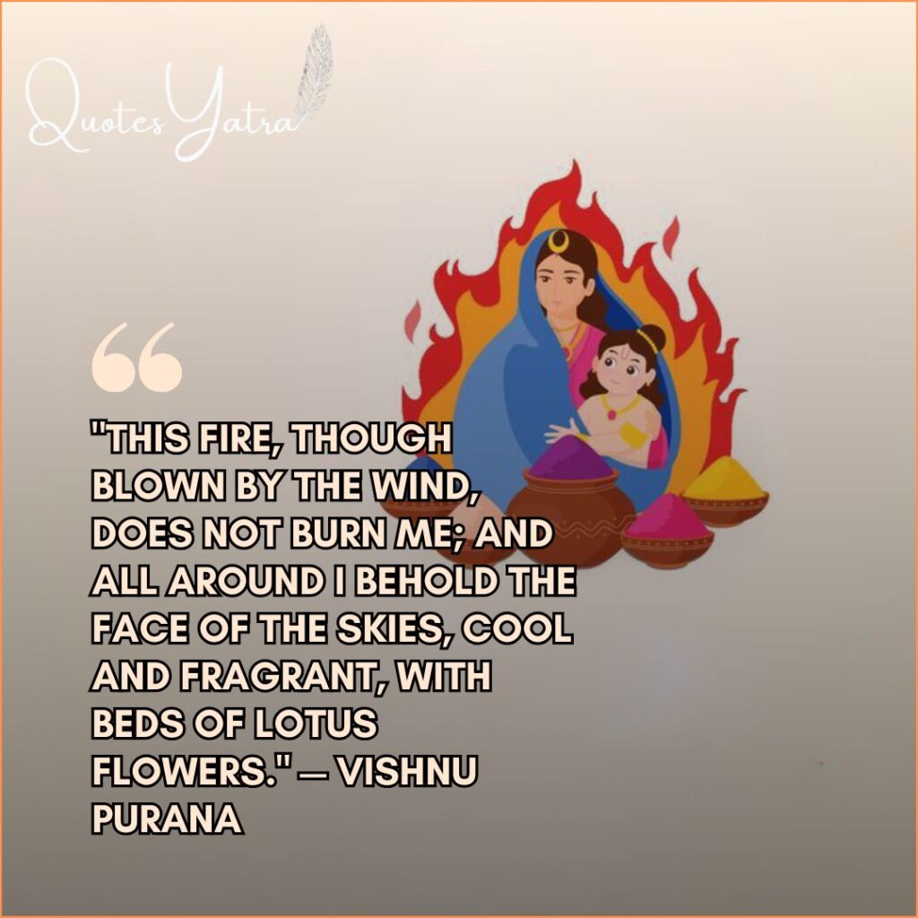 Traditional illustration of demoness Holika sitting in the fire with young Prahlad accompanied by an authentic verse from the Vishnu Purana