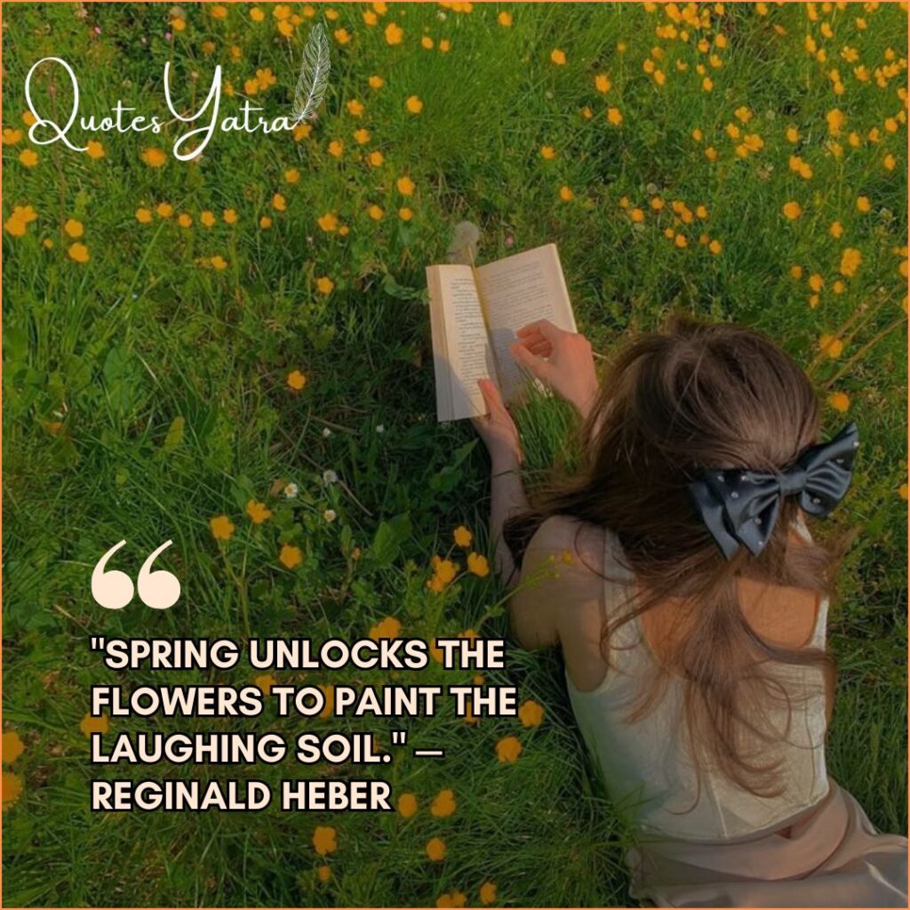 A young woman with a black bow in her hair lying in a field of yellow buttercups reading a book, featuring a quote by Reginald Heber.