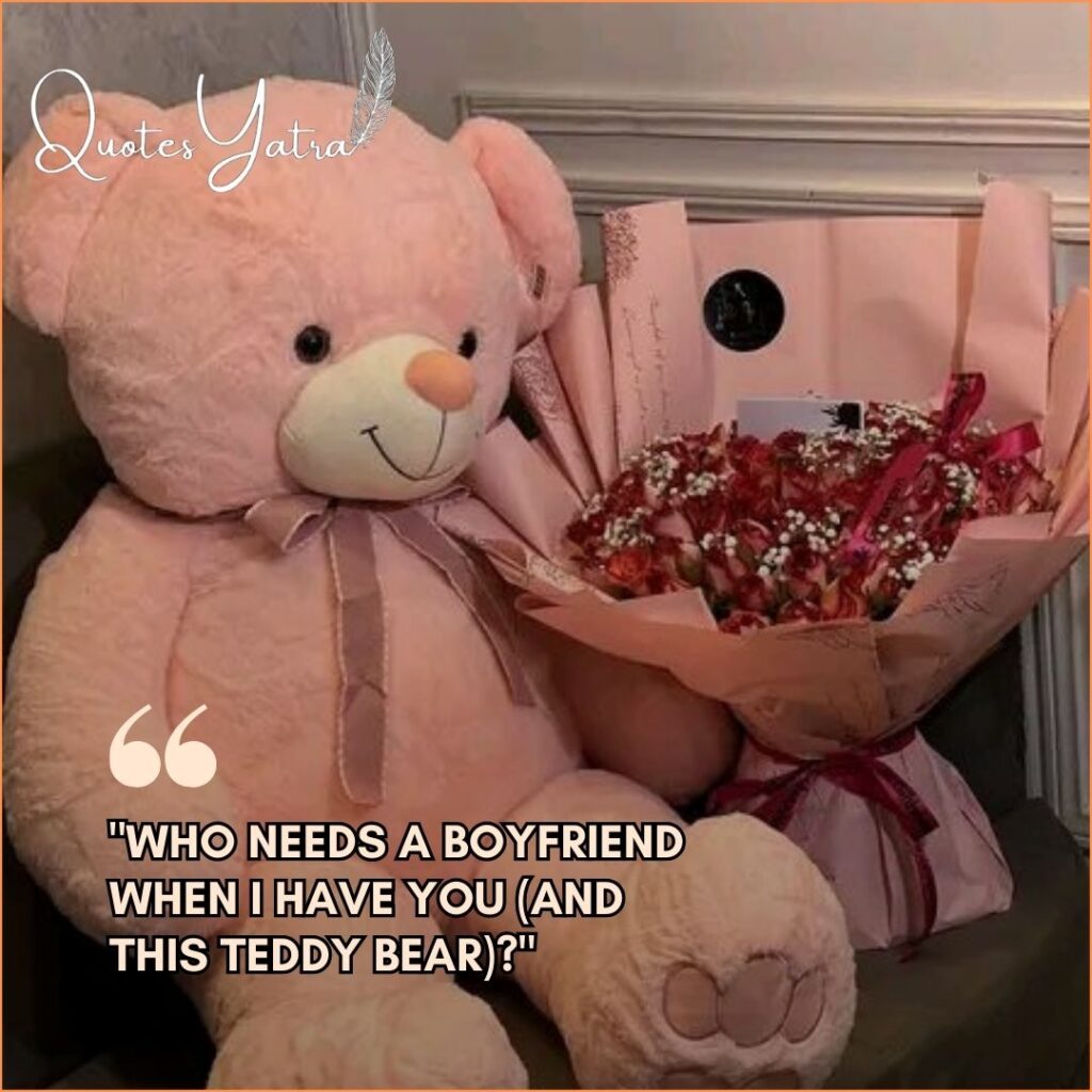 A large pink teddy bear sitting on a sofa next to a wrapped bouquet of red and pink roses.