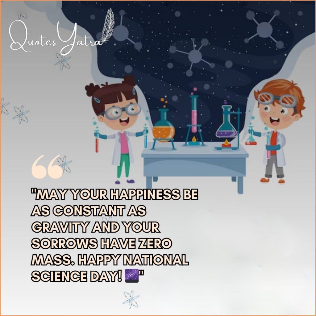 Cartoon boy and girl scientists in a lab with a funny gravity-themed Science Day wish.