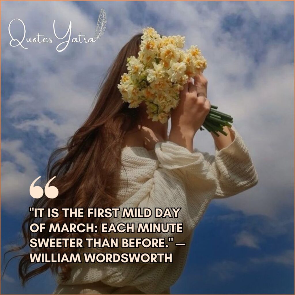 Woman holding yellow flowers against a blue sky for March 1st Quotes and early spring celebrations.