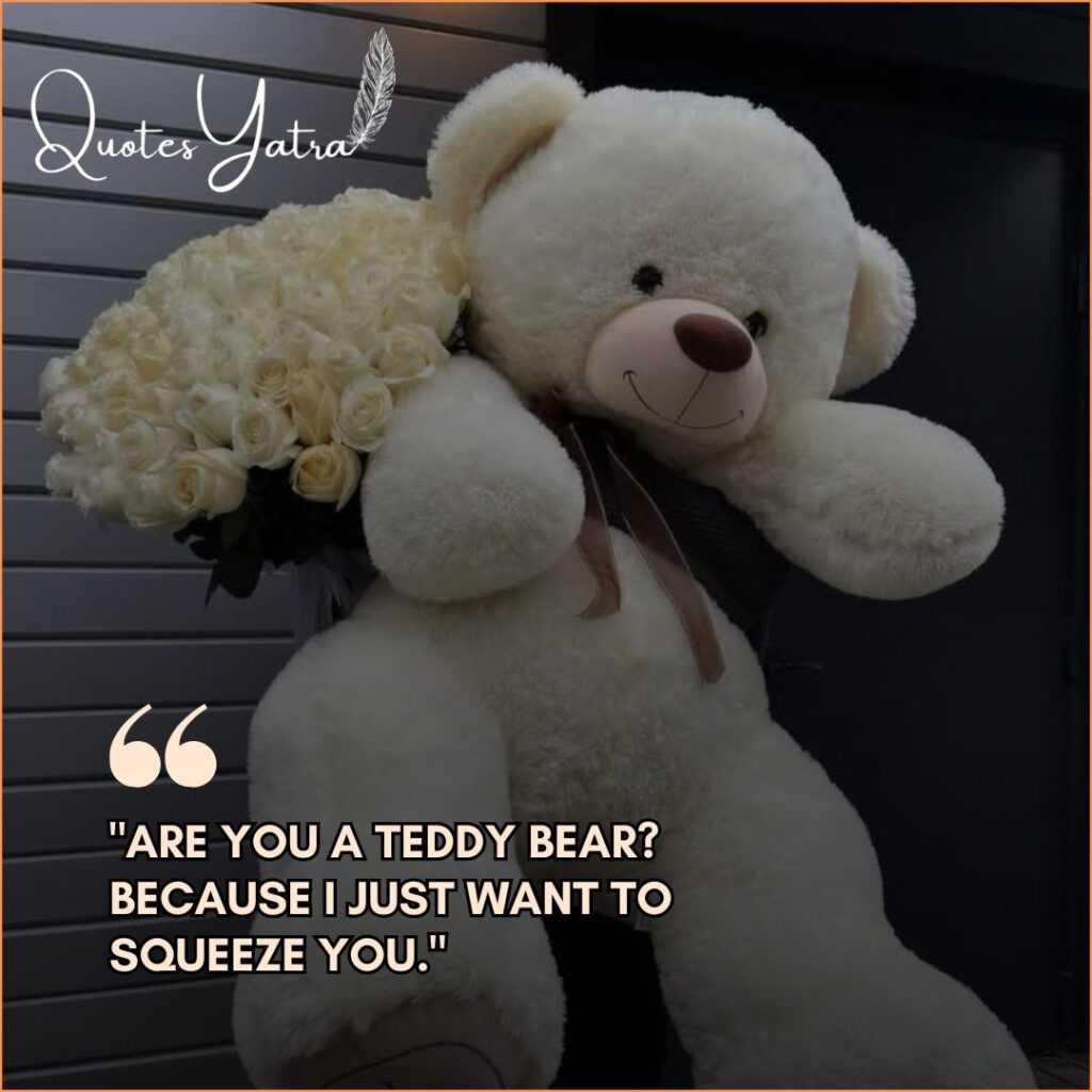A large white plush bear carrying a bouquet of white roses on its back.