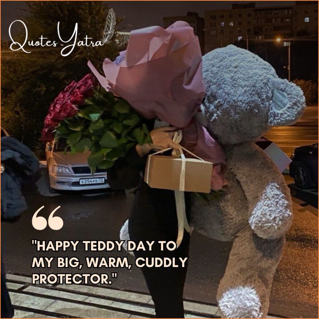 A woman standing on a street at night holding a giant grey plush toy and a large bouquet of deep red roses.
