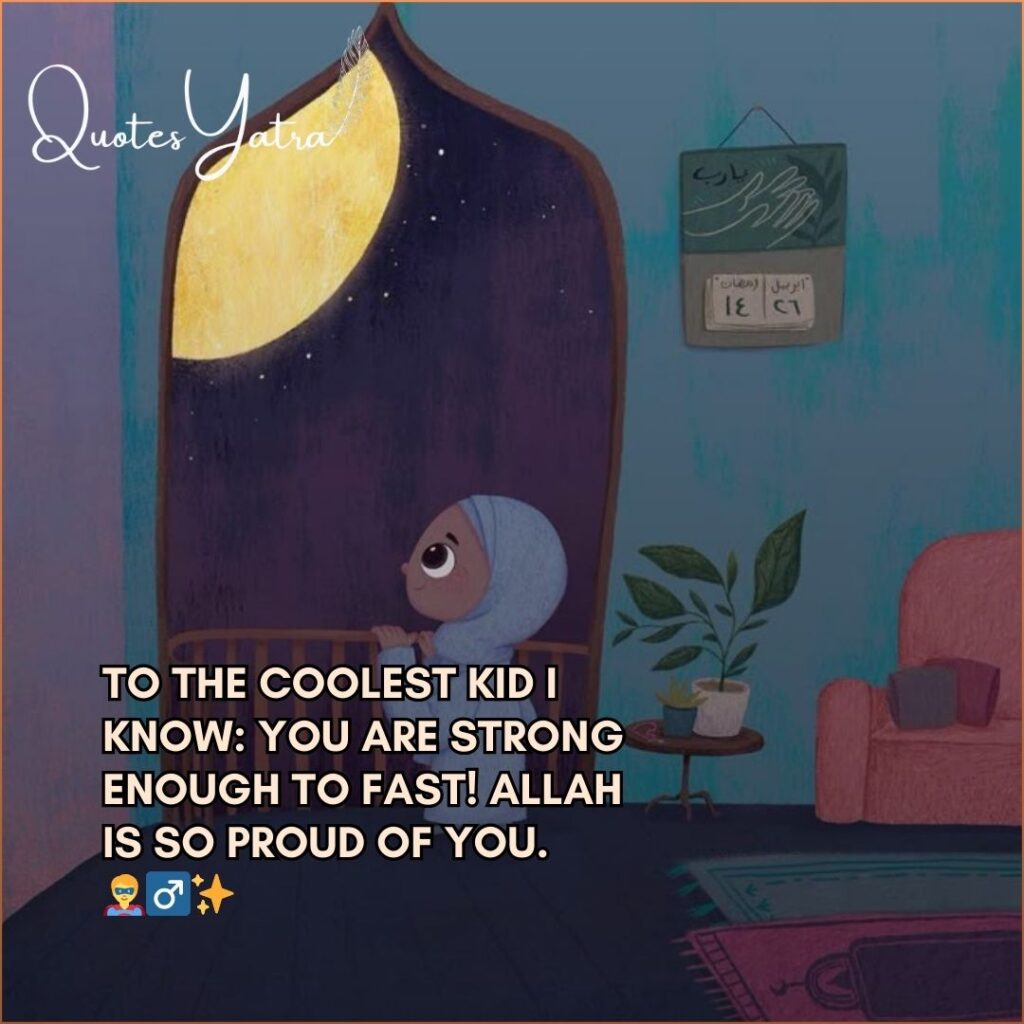 Encouraging Ramadan message for kids fasting with child praying at night.