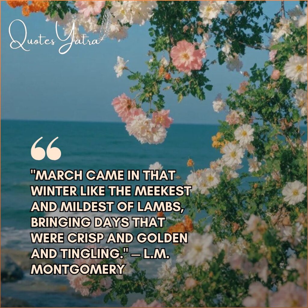 Pink and white climbing roses against a bright blue ocean background with a quote by L.M. Montgomery.