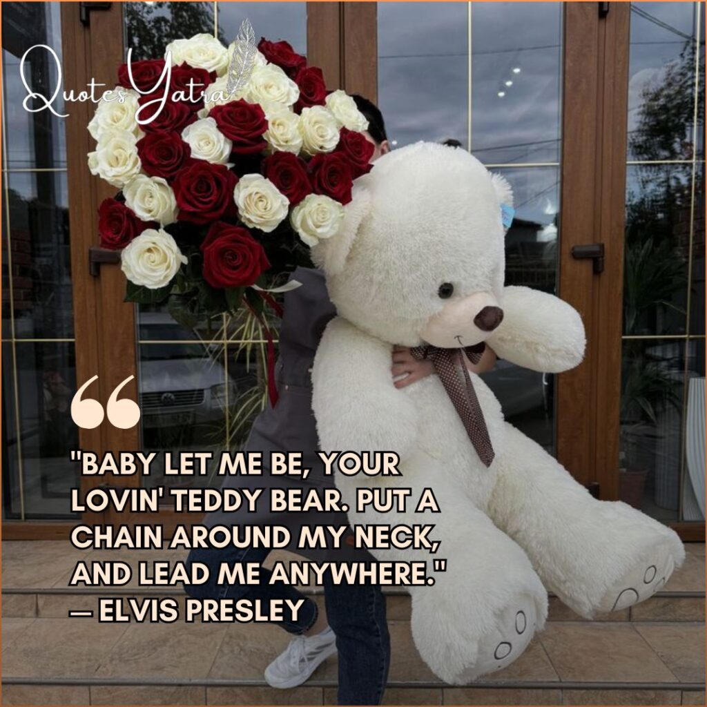 A person holding a white teddy bear and a large bouquet of red and white roses in front of a glass door.