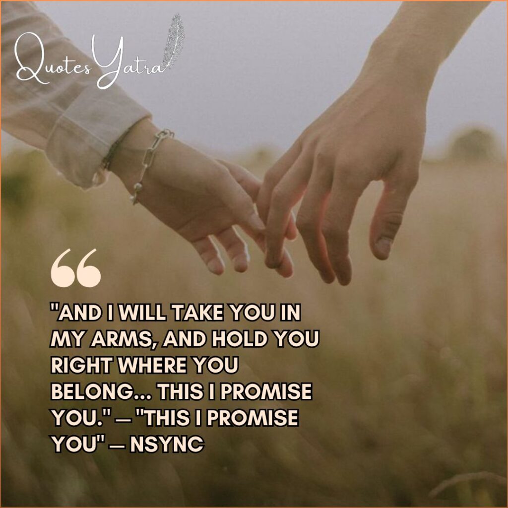 Hands gently touching in a soft wheat field with lyrics from NSYNC's "This I Promise You".