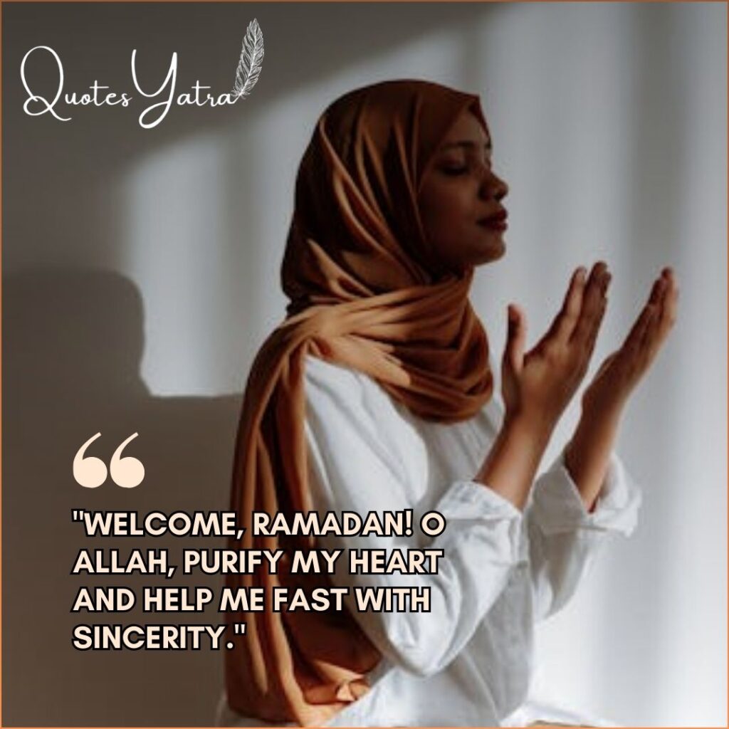 Woman in hijab praying with hands raised during the First Ashra of Ramadan, featuring a quote: "Welcome Ramadan! O Allah purify my heart."