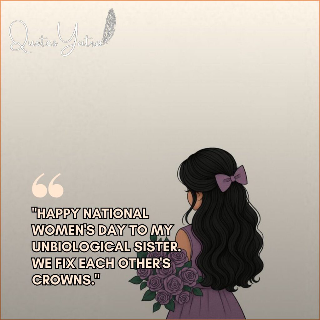 Illustration of a girl from the back with long dark hair and a purple bow holding purple roses.