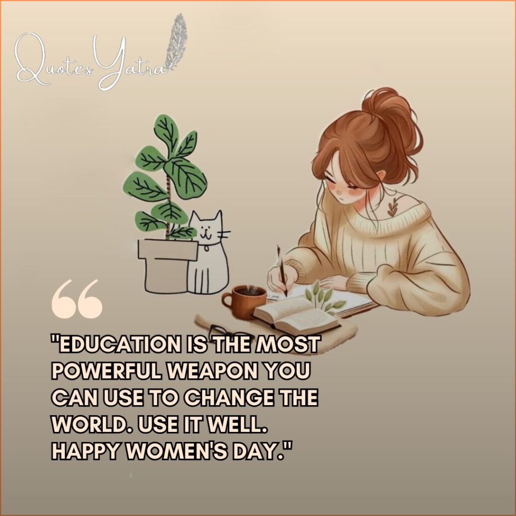 Motivational National Women’s Day quotes for students and the next generation featuring a girl studying.