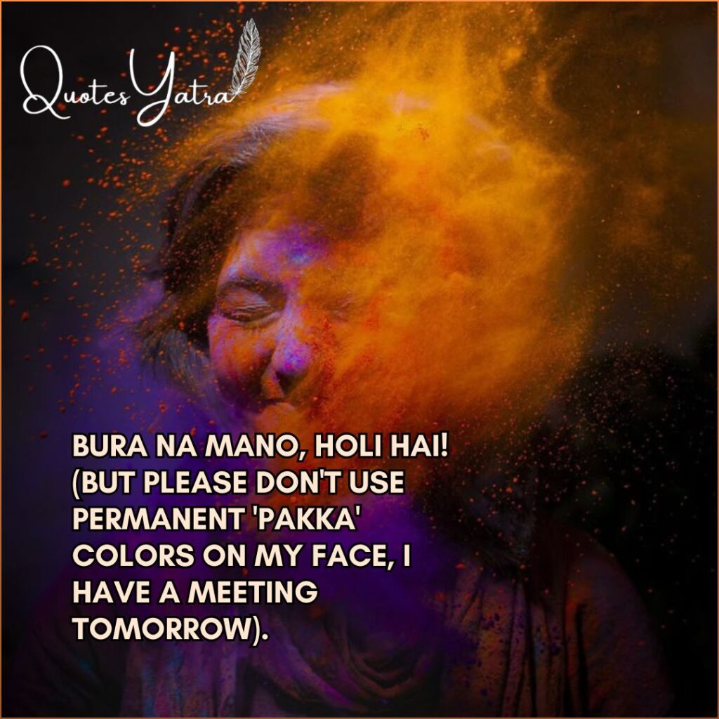 Holi Quotes 2026 funny celebration image with person covered in gulal colors