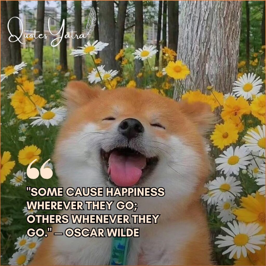 Happy smiling dog sitting among flowers with funny happiness quote