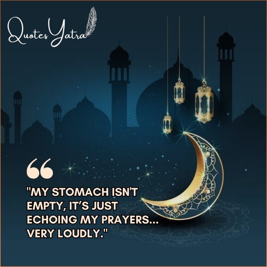 Dark blue night background with Ramadan Mubarak Wishes and a funny quote about a hungry stomach echoing prayers.