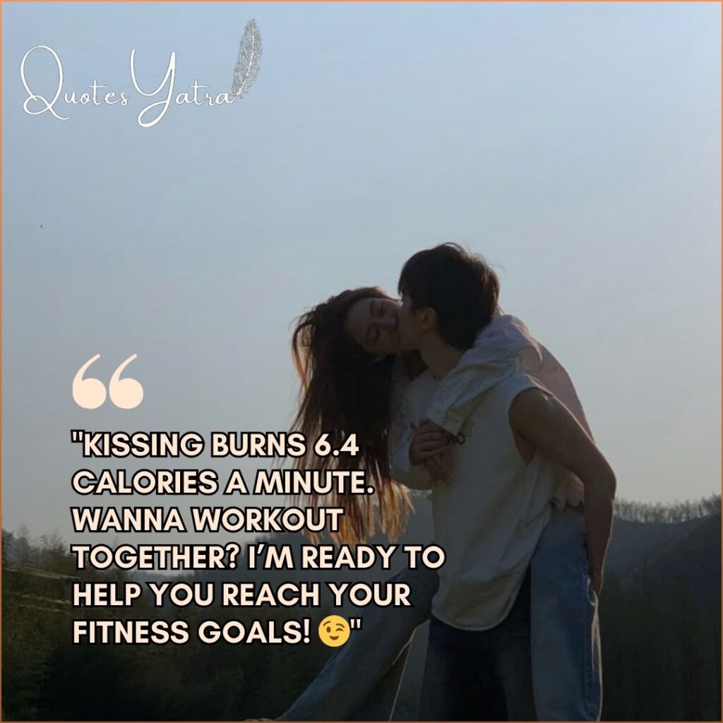 Funny Kiss Day quote about burning calories while kissing, featuring a playful couple piggybacking outdoors.