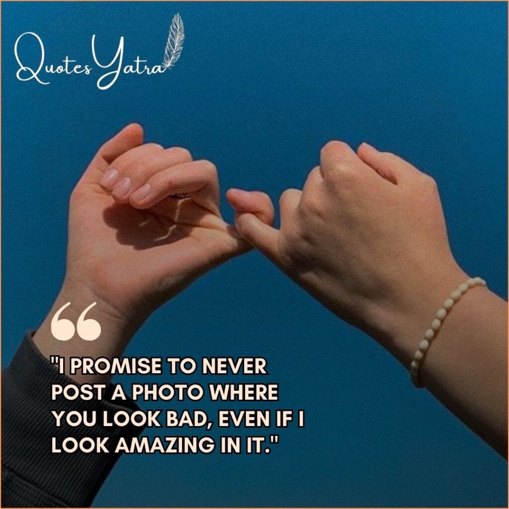 Two hands doing a pinky promise against a blue sky with a funny quote about Instagram photos.