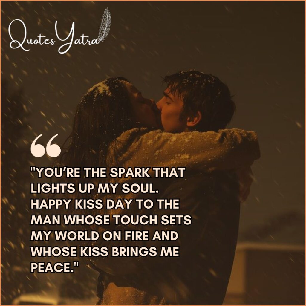 Passionate Kiss Day quote for him featuring a couple kissing in the falling snow at night.