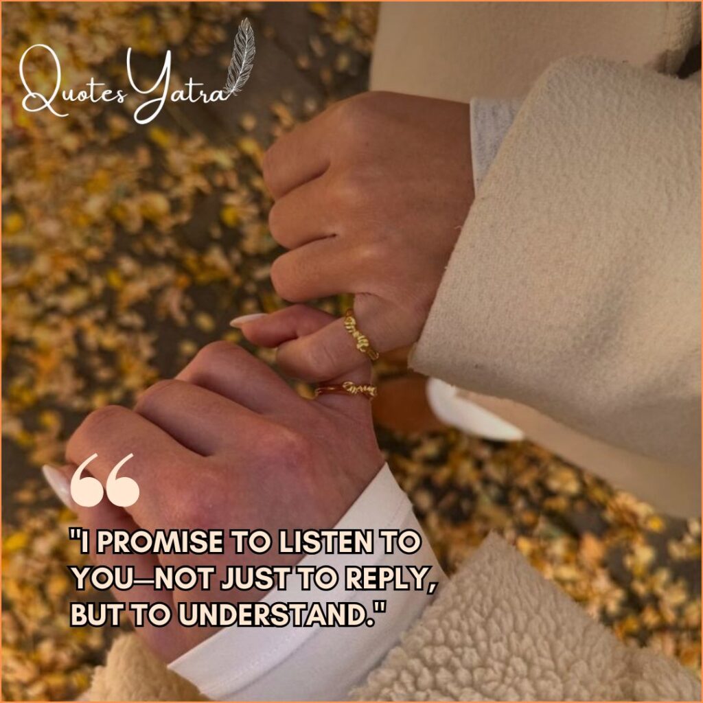 Close-up of pinky fingers interlocked with gold rings, featuring a promise quote about listening and understanding.