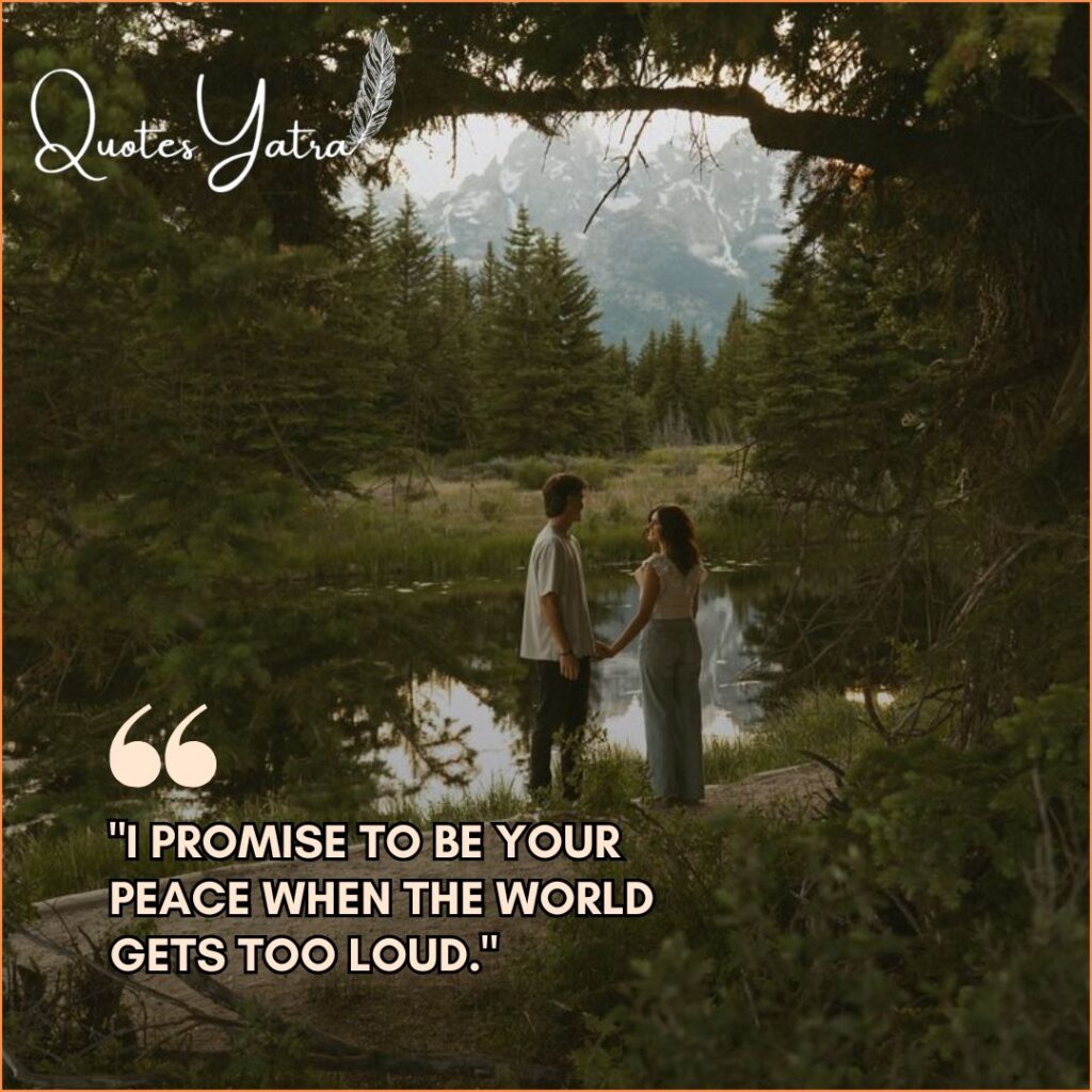 Couple holding hands standing by a peaceful lake in a forest, featuring a supportive Promise Day quote for him.