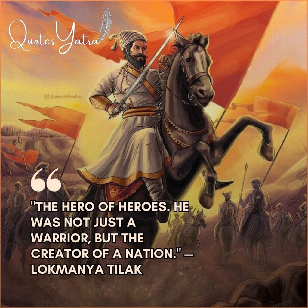Painting of Shivaji Maharaj on a horse with a tribute quote by Lokmanya Tilak.