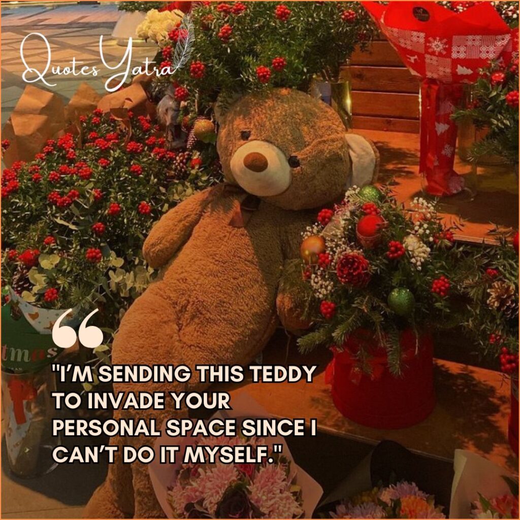 A brown teddy bear resting on a wooden bench surrounded by festive red berries and greenery.