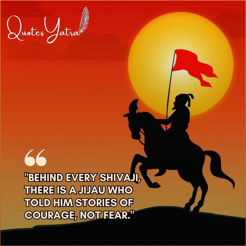 Silhouette of Shivaji Maharaj holding a flag against a red sun, with a tribute quote to Rajmata Jijau.
