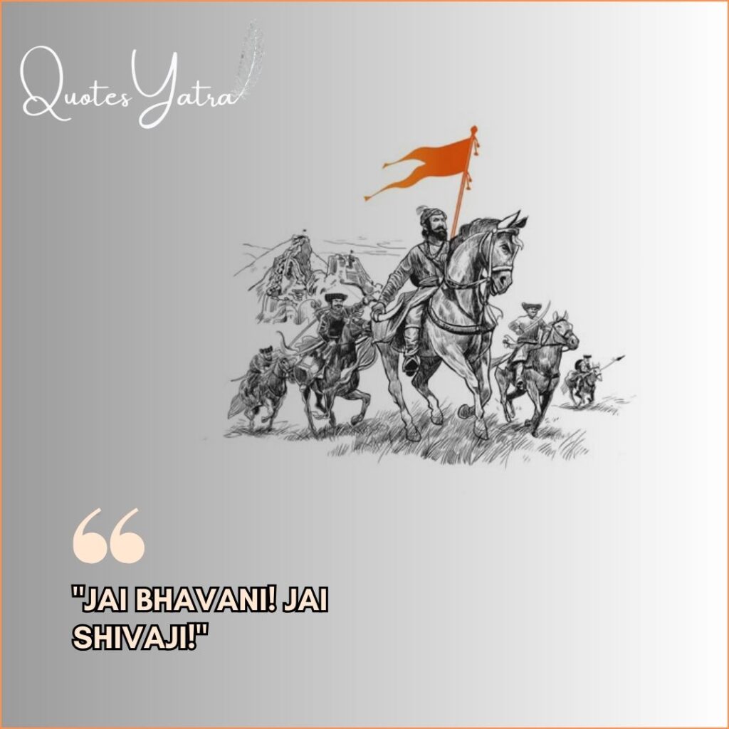 Pencil sketch illustration of Shivaji Maharaj and the Maratha army with a saffron flag and "Jai Bhavani" slogan.