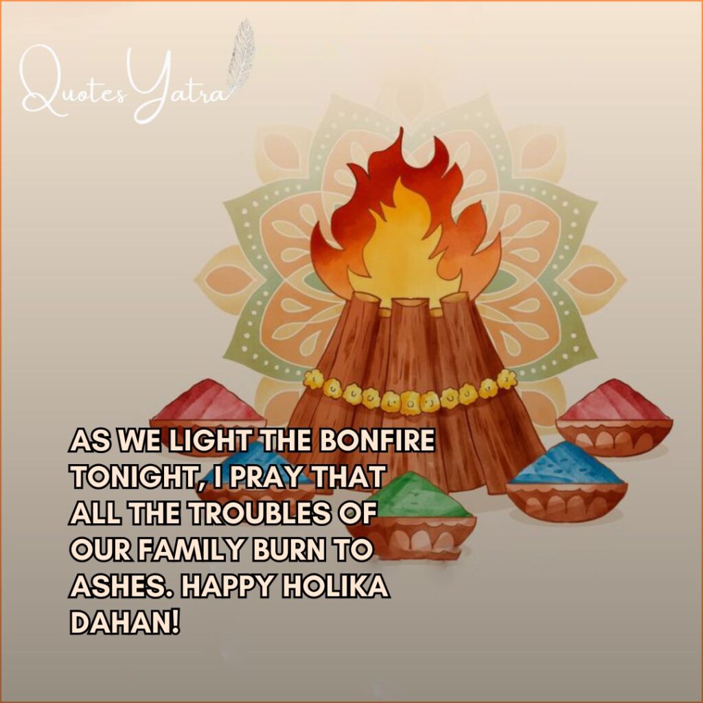 Holika Dahan bonfire illustration with color bowls and a family blessing message