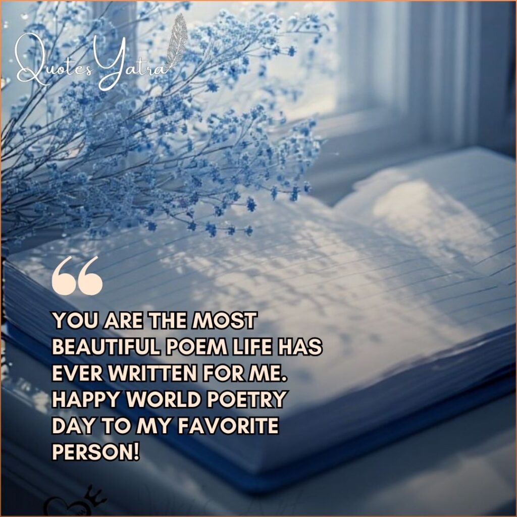 Open notebook with soft blue flowers and heartfelt World Poetry Day message