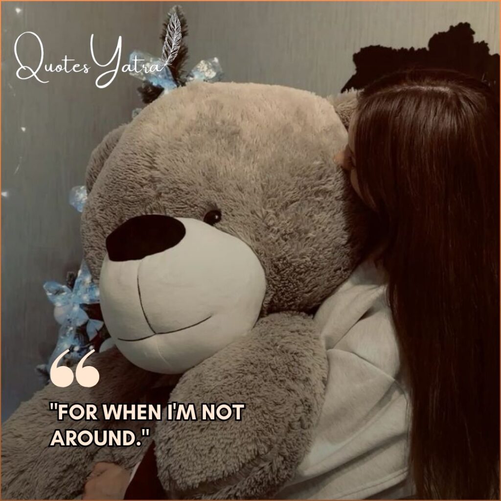 A close-up side profile of a girl resting her head against a large grey teddy bear.