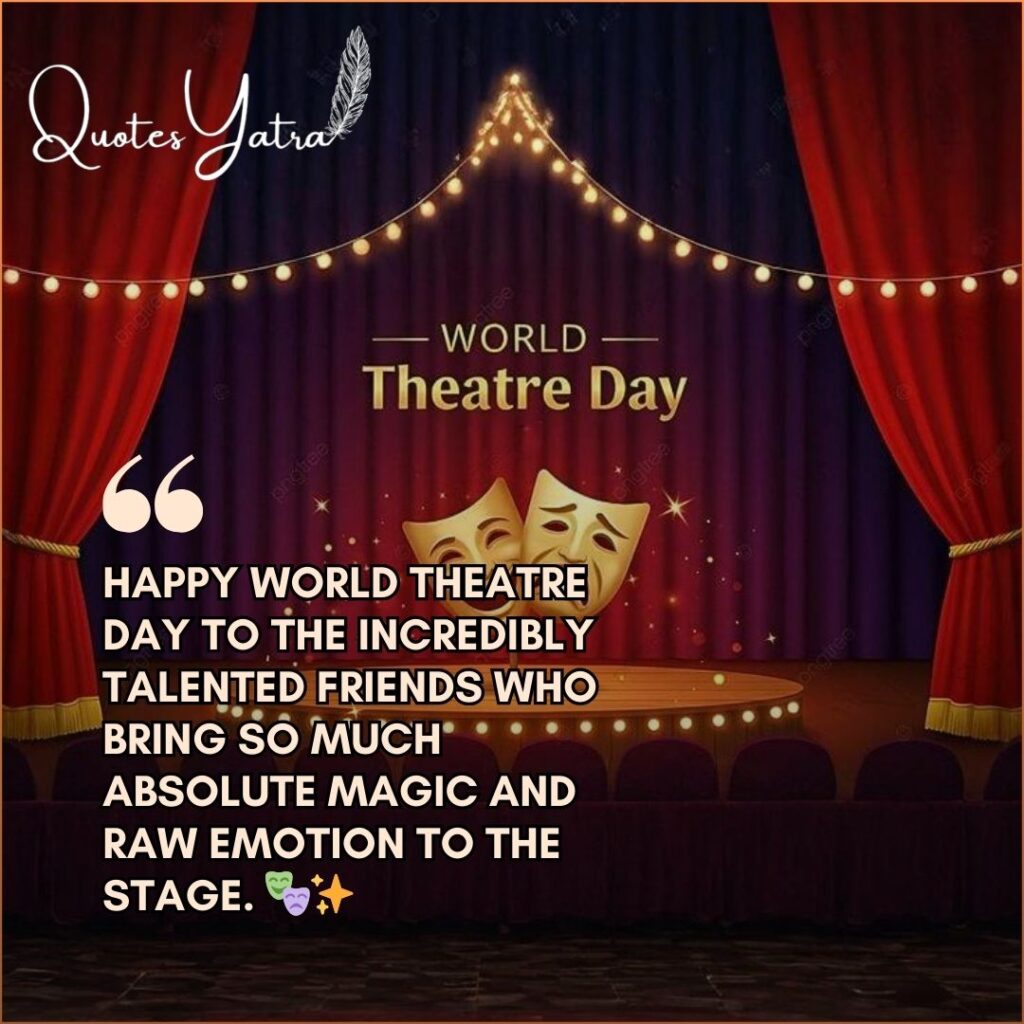 Happy World Theatre Day wishes image with stage curtains and theatre masks