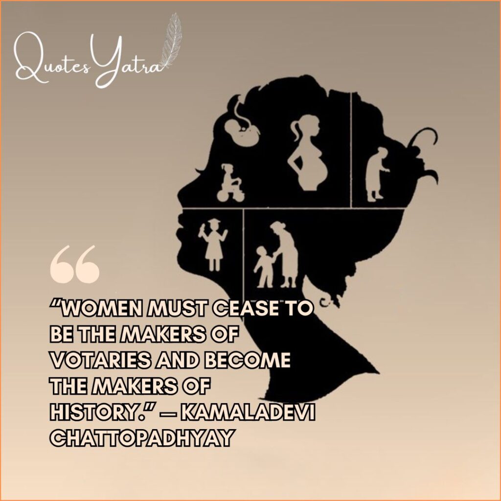 Nari Shakti quotes on Indian womanhood and resilience depicted by a silhouette of a woman's life stages.