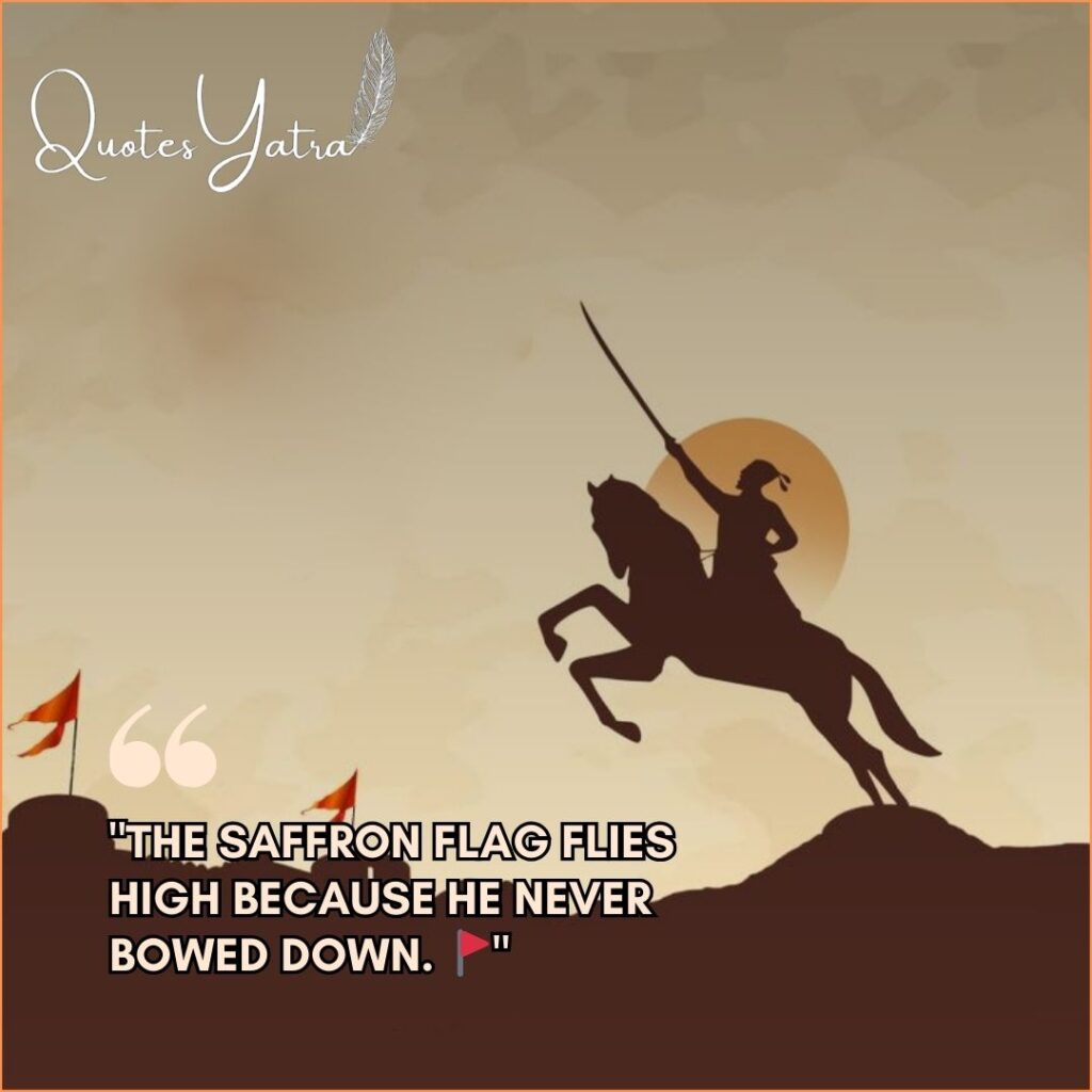 Silhouette of Shivaji Maharaj on a rearing horse with a quote about the Saffron flag.