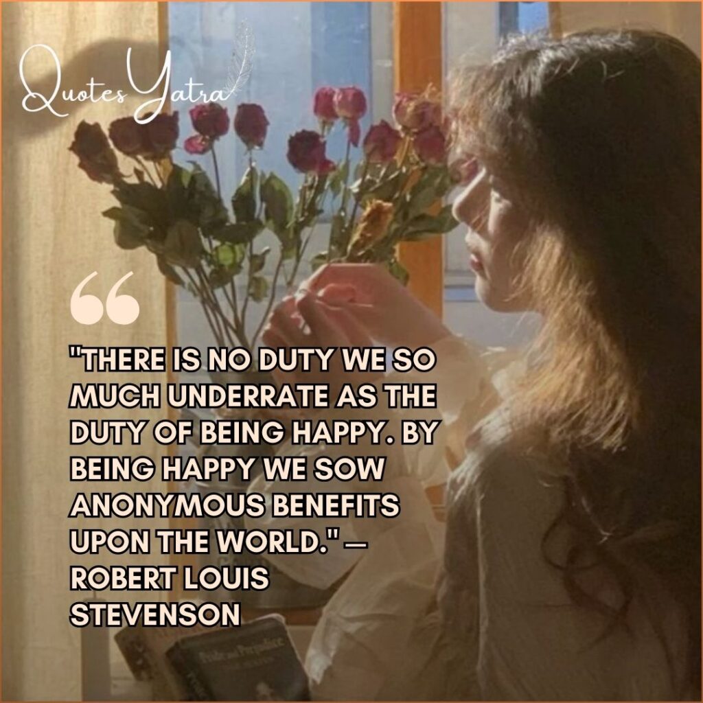Woman holding roses near window with thoughtful happiness quote