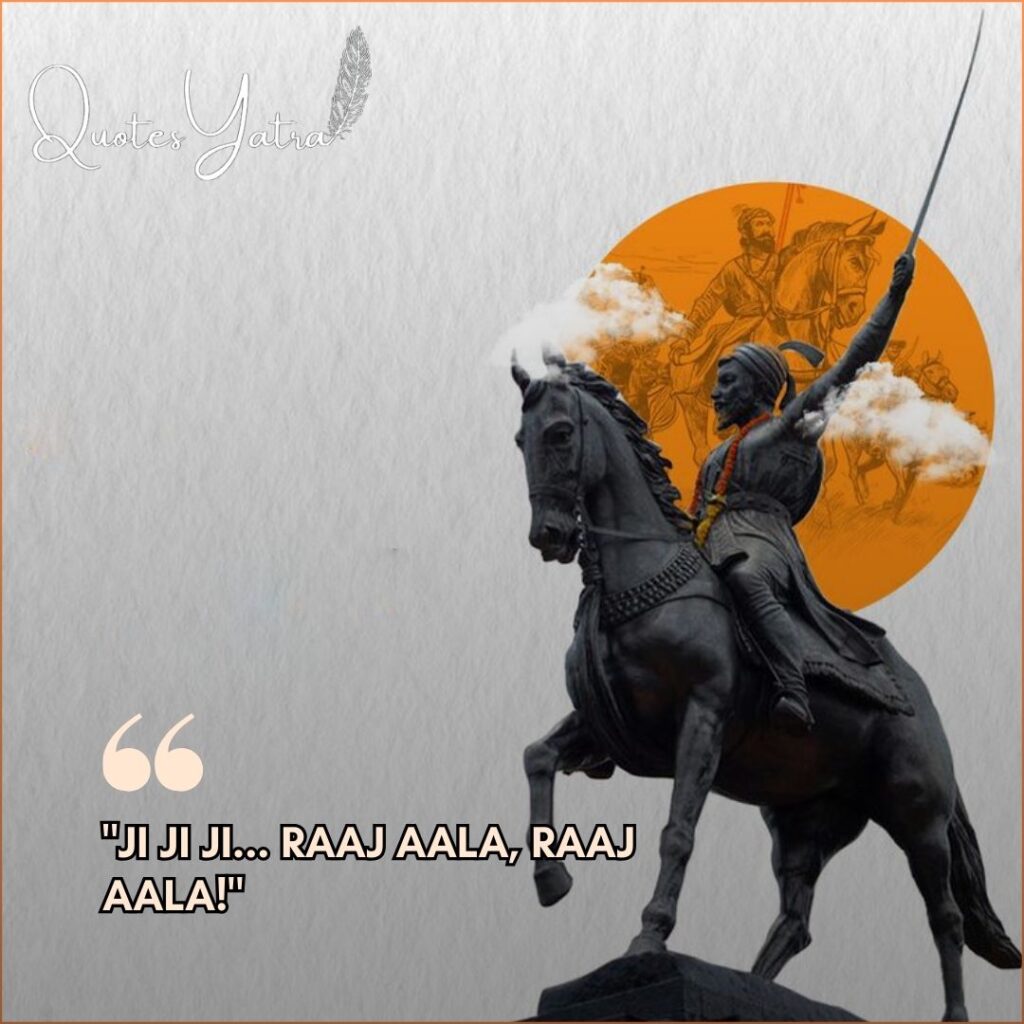 Statue of Shivaji Maharaj with traditional Shivaji Jayanti Quotes and Powada lyrics like Raaj Aala.