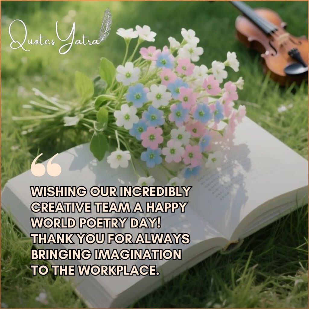 Open book with flowers on grass and World Poetry Day workplace greeting