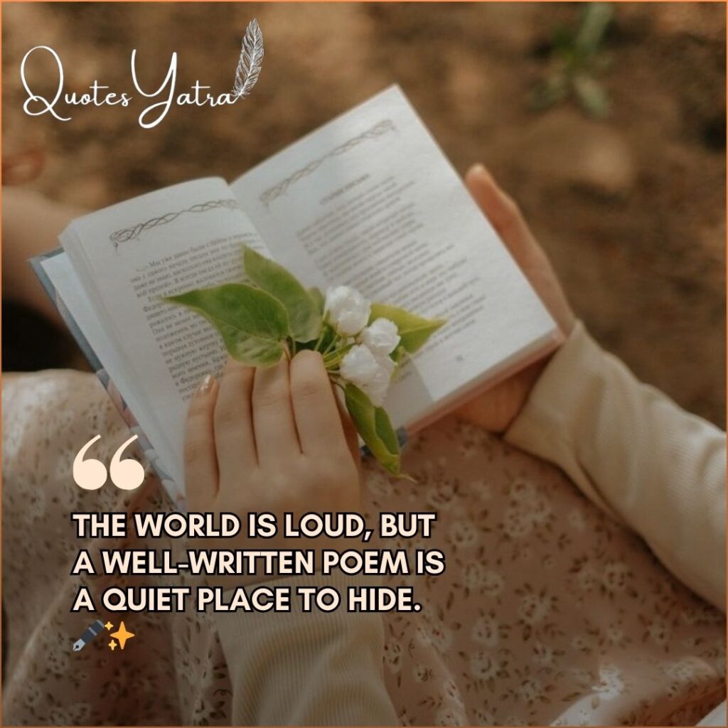 Person reading a poetry book with flowers and quote about quiet comfort of poems