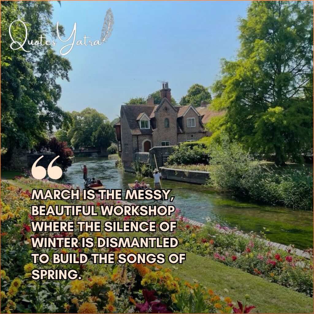 Brick cottage by a river with boats featuring Unique March Quotes and QuotesYatra original content.