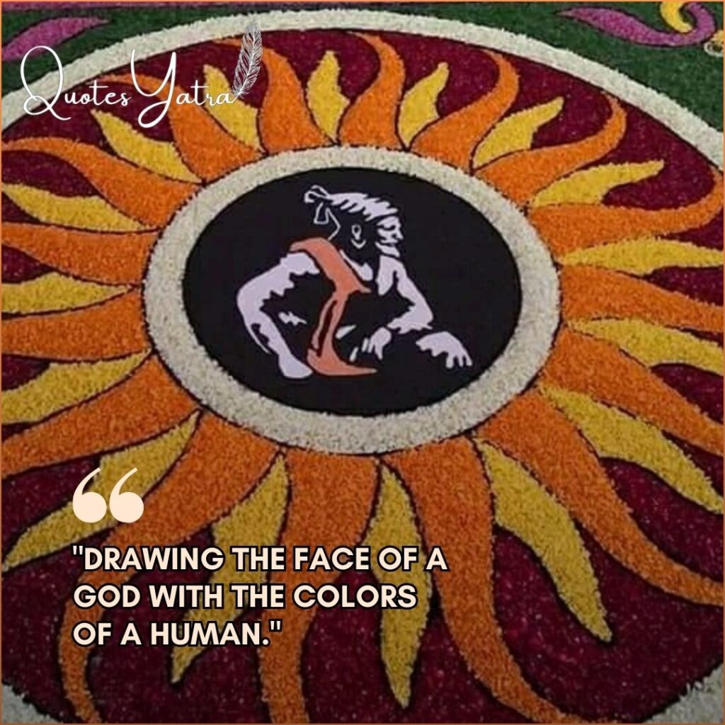 Colorful Rangoli design of Shivaji Maharaj featuring creative Shivaji Jayanti Quotes about art and devotion.