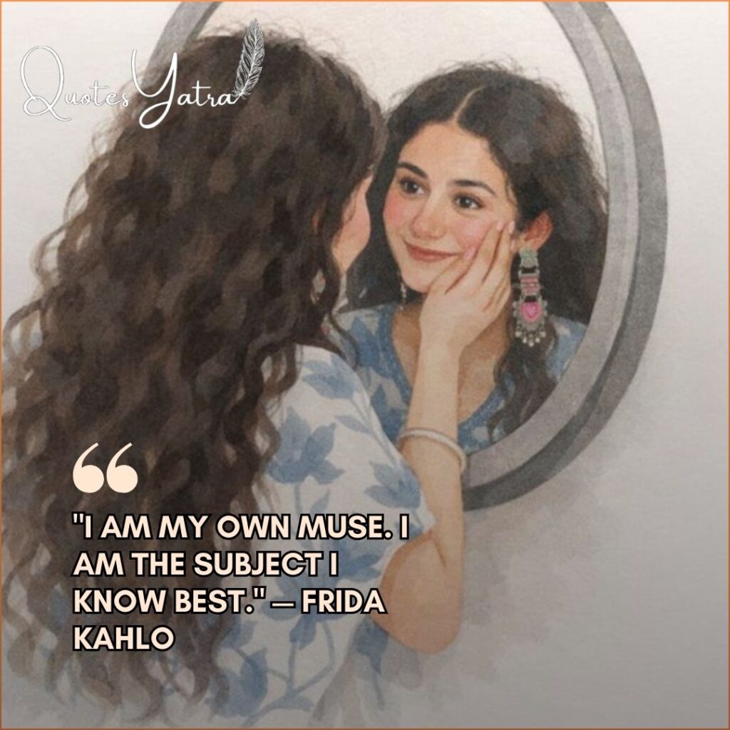 Self-love National Women’s Day quotes and affirmations featuring an aesthetic illustration of a girl looking in a mirror.
