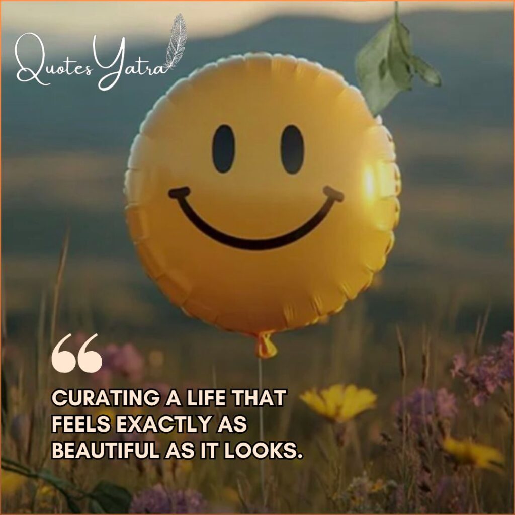 Yellow smiley balloon floating in a flower field representing aesthetic happiness