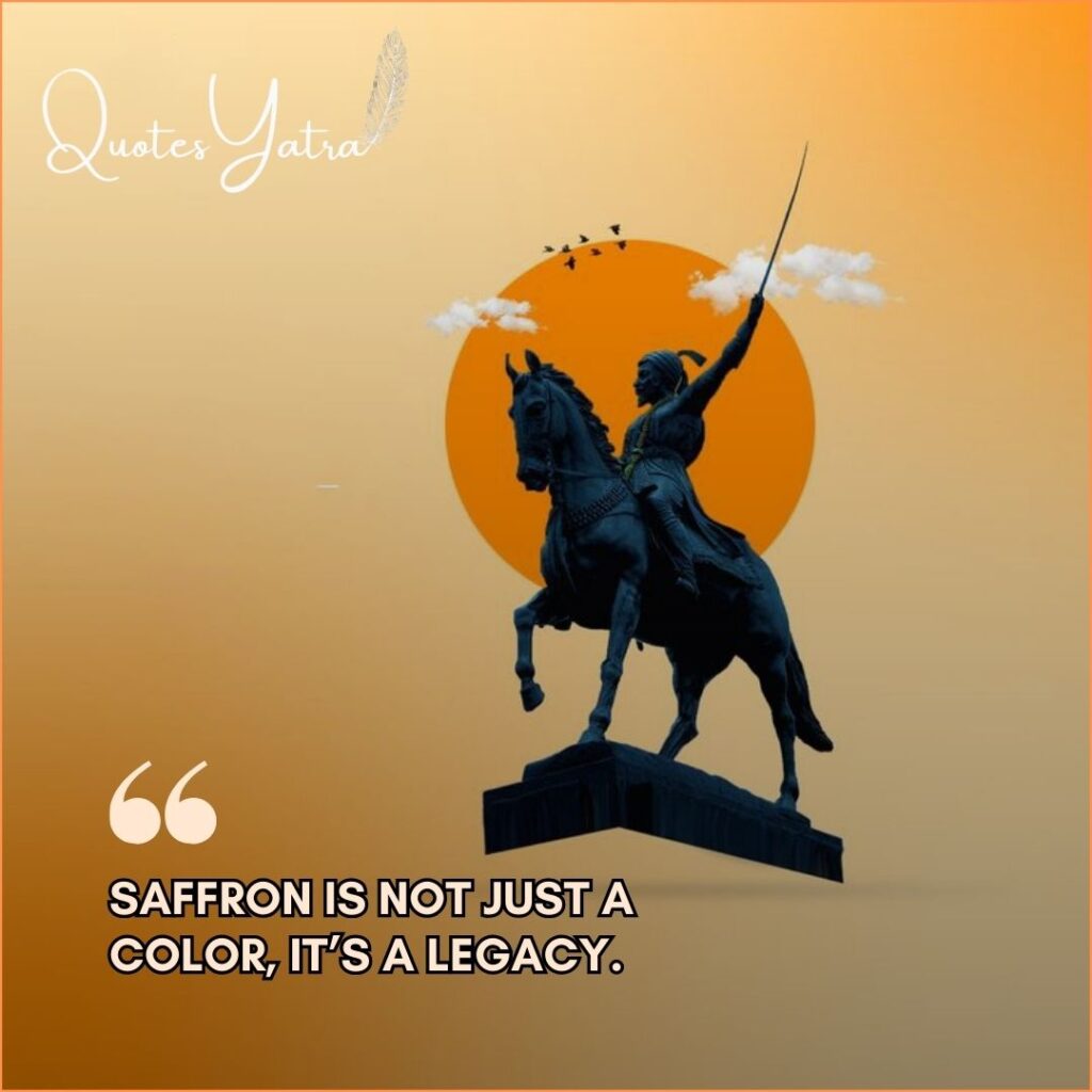 Statue of Shivaji Maharaj against a giant orange sun with an aesthetic caption about the Saffron legacy.