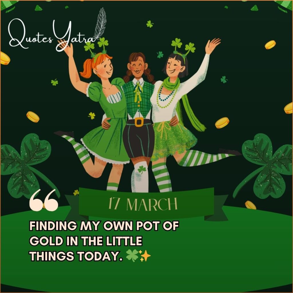 Friends celebrating March 17 with green outfits and shamrocks illustration, St. Patrick’s Day captions