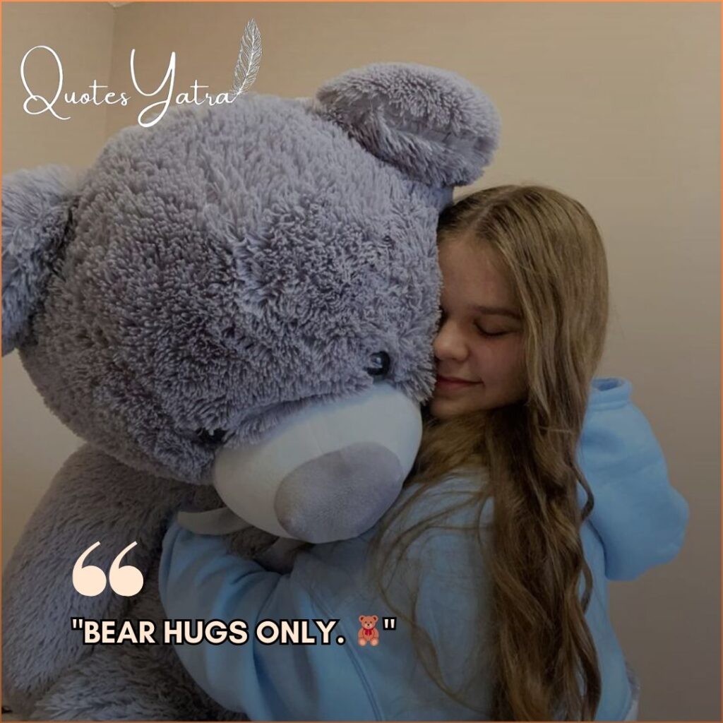 A young woman with long hair tightly hugging a giant grey teddy bear with her eyes closed.